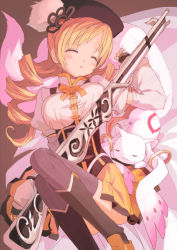 Rule 34 | 10s, 1girl, :3, beret, blonde hair, boots, breasts, breasts squeezed together, brown thighhighs, closed eyes, corset, detached sleeves, drill hair, fingerless gloves, gloves, gun, hair ornament, hairpin, hat, kyubey, large breasts, magical girl, magical musket, mahou shoujo madoka magica, mahou shoujo madoka magica (anime), pleated skirt, puffy sleeves, ribbon, rifle, rudorufu, shirt, skirt, striped clothes, striped thighhighs, taut clothes, taut shirt, thighhighs, tomoe mami, twin drills, twintails, vertical-striped clothes, vertical-striped thighhighs, weapon, zettai ryouiki