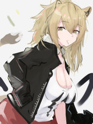 Rule 34 | 1girl, animal ears, arknights, asususususu, bare shoulders, black jacket, blonde hair, breasts, brown eyes, candy, choker, cleavage, commentary request, food, food in mouth, from side, fur-trimmed jacket, fur trim, hair between eyes, hand in pocket, highres, jacket, large breasts, lion ears, lion tail, lollipop, long hair, looking at viewer, looking to the side, open clothes, open jacket, shorts, siege (arknights), sketch, solo, tail, tank top, upper body