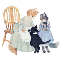Rule 34 | animal, animal focus, apron, black cat, black shirt, bloomers, blue dress, blue eyes, bow, cat, chair, clothed animal, dress, closed eyes, frilled apron, frilled shirt collar, frills, green dress, hand on another&#039;s head, highres, kitten, long dress, long sleeves, no humans, orange cat, original, own hands together, shirt, simple background, sitting, standing, tono (rt0no), underwear, white background