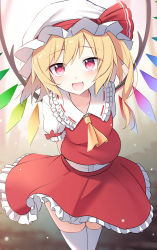 Rule 34 | 1girl, ascot, blonde hair, blush, crystal, e.o., fang, flandre scarlet, frilled skirt, frills, hair between eyes, hat, highres, long hair, mob cap, open mouth, red eyes, red skirt, red vest, side ponytail, skirt, smile, solo, thighhighs, touhou, vest, white hat, white thighhighs, wings, yellow ascot