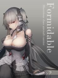 Rule 34 | 1girl, azur lane, bad id, bad pixiv id, bare shoulders, black dress, breasts, cleavage, collarbone, commentary request, dress, english text, flight deck, formidable (azur lane), frilled dress, frills, grey background, grey hair, hair ribbon, hand on own chest, highres, large breasts, long hair, long sleeves, looking at viewer, parted lips, red eyes, ribbon, solo, twintails, two-tone dress, two-tone ribbon, very long hair, vikpie