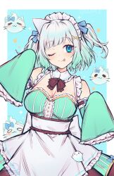 Rule 34 | 1girl, apron, blue eyes, breasts, cleavage, detached collar, dress, emu (confisery), gradient hair, green dress, green hair, highres, indie virtual youtuber, maid apron, maid headdress, mint fantome, multicolored hair, one eye closed, signature, sleeves past fingers, sleeves past wrists, tongue, tongue out, two side up, wisps (mint fantome)