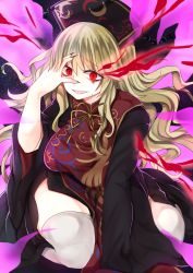Rule 34 | 1girl, bags under eyes, black dress, blonde hair, chinese clothes, crazy eyes, dress, energy, fingernails, hat, highres, junko (touhou), long fingernails, long hair, mimoto (aszxdfcv), multiple tails, open mouth, pale skin, red eyes, ribbon, sharp fingernails, smile, solo, tabard, tail, thighhighs, touhou, wide sleeves, yellow ribbon