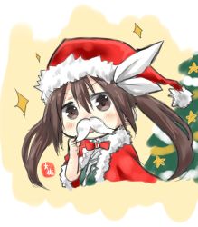 Rule 34 | 1girl, absurdres, blush, bow, bowtie, brown eyes, brown hair, capelet, chibi, christmas tree, commentary request, fake facial hair, fake mustache, fur trim, hair between eyes, hair bow, hand up, hat, highres, kantai collection, looking at viewer, orange background, red bow, red bowtie, red hat, santa costume, santa hat, signature, simple background, sketch, solo, sparkle, taisa (kari), tone (kancolle), twintails, white bow