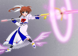 Rule 34 | 00s, 1girl, bow, fingerless gloves, gloves, lyrical nanoha, magazine (weapon), magical girl, mahou shoujo lyrical nanoha, mahou shoujo lyrical nanoha a&#039;s, purple eyes, raising heart, red bow, red hair, shoes, solo, takamachi nanoha, twintails, white devil, winged footwear, wings, yamaguchi ugou