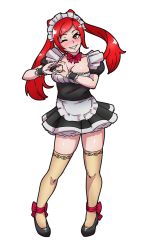 Rule 34 | 1girl, akairiot, alternate costume, ankle ribbon, apron, bad id, bad tumblr id, blue thighhighs, breasts, brown eyes, cleavage, enmaided, fire emblem, fire emblem awakening, full body, head tilt, heart, heart hands, highres, leg ribbon, maid, maid apron, maid headdress, nintendo, one eye closed, red hair, ribbon, robin (female) (fire emblem), robin (fire emblem), robin (male) (fire emblem), smile, solo, super smash bros., swept bangs, thighhighs, transparent background, twintails, yellow thighhighs