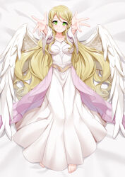 Rule 34 | 1girl, absurdres, angel wings, bad source, barefoot, bed, blonde hair, chrita, commission, commissioner upload, dress, feathered wings, fire emblem, fire emblem: path of radiance, fire emblem: radiant dawn, green eyes, highres, leanne (fire emblem), long hair, looking at viewer, lying, nintendo, on back, on bed, reaching, reaching towards viewer, smile, solo, white background, white dress, white wings, wings