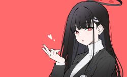 Rule 34 | 1girl, black hair, black jacket, blue archive, earrings, from side, hair behind ear, halo, hand up, heart, highres, jacket, jewelry, lipstick, long bangs, long hair, looking at viewer, makeup, parted lips, pink lips, portrait, red background, red eyes, reia 76, ribbed sweater, rio (blue archive), sidelocks, simple background, solo, straight hair, stud earrings, sweater, turtleneck, turtleneck sweater, white sweater