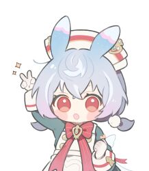 Rule 34 | 1girl, :o, animal ears, apron, aqua shirt, arm up, blue hair, blush, blush stickers, bow, bowtie, brooch, chibi, commentary, crossed bangs, genshin impact, gloves, gradient hair, hair between eyes, hair ornament, hand up, hat, highres, jewelry, long sleeves, looking at viewer, low twintails, medium hair, multicolored hair, nasuke, nurse cap, open mouth, pink bow, pom pom (clothes), pom pom hair ornament, puffy long sleeves, puffy sleeves, purple hair, red bow, red bowtie, red eyes, shirt, short twintails, sigewinne (genshin impact), simple background, sleeve cuffs, solo, symbol-only commentary, twintails, v, white apron, white background, white gloves, white hat