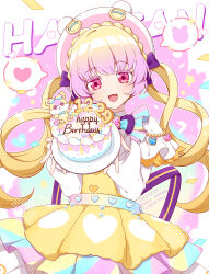Rule 34 | 1girl, :d, absurdres, birthday cake, blonde hair, bow, braid, cake, capelet, character name, commentary request, cowboy shot, dress, ebi nana, food, gradient hair, hair bow, hands up, hanitan, hanitan (bear), happy birthday, hat, heart, highres, holding, holding plate, long hair, long sleeves, looking at viewer, multicolored hair, open mouth, pink background, pink eyes, plate, pretty series, puffy long sleeves, puffy sleeves, purple bow, purple hair, quad tails, smile, spoken heart, standing, twintails, very long hair, waccha primagi!, white capelet, yellow dress