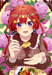 Rule 34 | 1girl, absurdres, ahoge, bento, blue eyes, blush, brown shirt, cherry tomato, chicken (food), chopsticks, collarbone, flower, food, fried chicken, go-toubun no hanayome, hair between eyes, hair ornament, hibiscus, highres, holding, holding chopsticks, long hair, long sleeves, looking at viewer, magazine scan, megami magazine, nakano itsuki, official art, omelet, onigiri, open mouth, purple flower, red eyes, scan, shirt, sidelocks, smile, solo, star (symbol), star hair ornament, tomato, twintails
