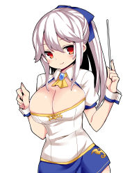 Rule 34 | 1girl, alternate costume, anna (sennen sensou aigis), blue bow, blush, bow, breasts, brooch, cleavage cutout, clothing cutout, gold trim, jewelry, large breasts, long hair, looking at viewer, nemui (nemui), pointer, sennen sensou aigis, shorts, simple background, smile, solo, standing, white hair, wrist cuffs