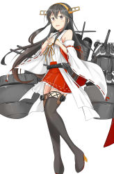 Rule 34 | 1girl, :d, bare shoulders, black footwear, black hair, boots, brown eyes, camouflage, dazzle paint, detached sleeves, full body, hair between eyes, hair ornament, hairclip, hands on own chest, haruna (kancolle), headgear, highres, kantai collection, long hair, looking at viewer, machinery, nontraditional miko, open mouth, red skirt, simple background, skirt, smile, smokestack, solo, subaru izumi, thigh boots, thighhighs, turret, white background