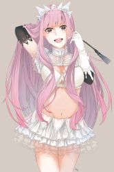 Rule 34 | 1girl, :d, breasts, cleavage, elbow gloves, fate/grand order, fate (series), gloves, grey background, groin, hand in own hair, heart, heart-shaped pupils, highres, holding, holding riding crop, kogeta kaori, long hair, medb (fate), medium breasts, navel, open mouth, pink hair, riding crop, smile, solo, symbol-shaped pupils, upper body