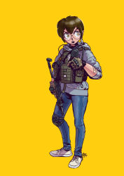 Rule 34 | 1girl, badge, bandaid, brown hair, commentary request, denim, earpiece, glasses, gloves, gun, highres, holding, holding gun, holding weapon, hood, hoodie, jeans, knee pads, load bearing vest, original, pants, partial commentary, round eyewear, short hair, simple background, single knee pad, solo, submachine gun, watch, weapon, wristwatch, yellow background, yellow eyes, yoh (yoh ill)