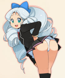 Rule 34 | 00s, 1girl, :d, aqua eyes, ass, bad id, bad pixiv id, battle spirits, battle spirits: shounen toppa bashin, bent over, black socks, blazer, blue eyes, blush, bow, drill hair, flat chest, from behind, green eyes, hair bow, hair ribbon, hand on own hip, jacket, kneehighs, kneepits, lace, lace-trimmed panties, lace trim, long hair, looking back, naughty face, necktie, open mouth, panties, pantyshot, pleated skirt, ribbon, sawaragi kyouka, school uniform, shadow, silver hair, simple background, skirt, smile, socks, solo, tamagoroo, thighs, underwear, upskirt, very long hair, white panties