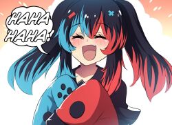 Rule 34 | 1girl, black hair, blue hair, closed eyes, collaboration, comic, english text, fang, hair ornament, highres, hinghoi, laughing, long hair, merryweather, multicolored hair, nintendo switch, nintendo switch (personification), open mouth, original, personification, product girl, red hair, sailor collar, shirt, sleeves past wrists, speech bubble, thighhighs, twintails