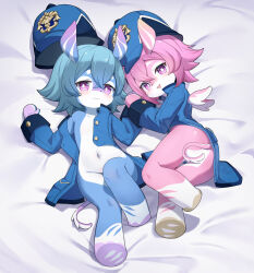 2girls absurdres animal_ears animal_nose bed_sheet blathine_(genshin_impact) blue_fur blue_hair blue_hat blush coat fang flong full_body furry genshin_impact hair_between_eyes hat highres looking_at_viewer lying melusine_(genshin_impact) menthe_(genshin_impact) multiple_girls navel on_back on_bed open_mouth pink_fur pink_hair purple_eyes short_hair sleeve_cuffs smile snout tail two-tone_fur white_fur wings