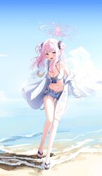 Rule 34 | 1girl, angel wings, beach, blue archive, blue shorts, blush, breasts, cleavage, collarbone, daran9, day, double bun, feathered wings, flower, full body, hair bun, hair flower, hair ornament, halo, highres, large breasts, long hair, looking at viewer, mika (blue archive), navel, ocean, open mouth, outdoors, pink hair, pink halo, purple flower, sandals, shorts, smile, solo, standing, water, white wings, wings, yellow eyes