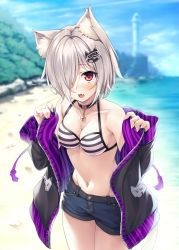 Rule 34 | 1girl, :o, absurdres, animal ear fluff, animal ears, bare shoulders, beach, bell, bikini, bikini top only, black choker, black jacket, blue shorts, blue sky, blurry, blurry background, blush, breasts, cat ears, cat girl, cat tail, choker, cleavage, collarbone, commentary request, cowboy shot, day, depth of field, drawstring, fang, groin, hair ornament, hair over one eye, halterneck, hasumi (hasubatake39), highres, jacket, jingle bell, kuon (hasumi (hasubatake39)), lighthouse, long sleeves, looking at viewer, medium breasts, navel, ocean, off shoulder, open clothes, open jacket, open mouth, original, outdoors, red eyes, short hair, short shorts, shorts, silver hair, sky, solo, standing, stomach, striped bikini, striped bikini top, striped clothes, sunlight, swimsuit, tail, thighs, water