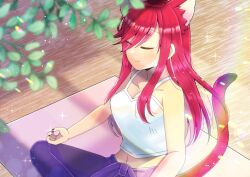 Rule 34 | 1girl, animal ear fluff, animal ears, bare shoulders, barefoot, breasts, camisole, cat ears, cat girl, cat tail, cleavage, closed eyes, closed mouth, collarbone, commentary request, commission, crop top, kou hiyoyo, long hair, medium breasts, midriff, nail polish, navel, original, pants, purple nails, purple pants, red hair, skeb commission, smile, solo, tail, very long hair, white camisole