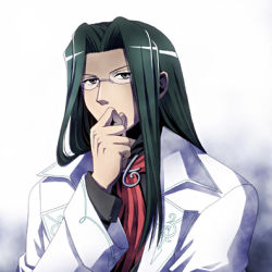 Rule 34 | 1boy, black hair, black theme, covering own mouth, eyebrows, glasses, hand over own mouth, lab coat, long hair, lowres, male focus, red neckwear, saga, saga frontier, solo