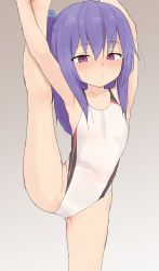 Rule 34 | 1girl, :/, akatsuki hayane (yakihebi), armpits, arms up, blush, closed mouth, competition swimsuit, dot nose, female focus, flat chest, grey background, hair between eyes, hands up, highres, leg up, long hair, looking at viewer, one-piece swimsuit, one side up, original, purple eyes, purple hair, simple background, solo, split, standing, standing on one leg, standing split, sweat, swimsuit, white one-piece swimsuit, yakihebi