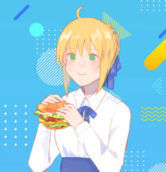 1girl ahoge artoria_pendragon_(fate) blonde_hair blush braid breasts burger dress eating fate/grand_order fate/stay_night fate_(series) food green_eyes hair_between_eyes hair_ribbon holding holding_burger holding_food kshigatsu long_sleeves looking_at_viewer ponytail ribbon short_hair sidelocks smile solo