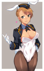 Rule 34 | 10s, 1girl, :d, animal ears, black pantyhose, blazer, blonde hair, blush, brave witches, breasts, brown eyes, brown hair, buttons, cleavage, covered navel, cowboy shot, crop top, earrings, em (totsuzen no hakike), eyebrows, fake animal ears, fake tail, garrison cap, gloves, grey background, hand on own hip, hand up, hat, heart, jacket, jewelry, legs together, leotard, long sleeves, looking at viewer, medium breasts, military, military hat, military uniform, necktie, open clothes, open jacket, open mouth, outside border, pantyhose, playboy bunny, rabbit ears, rabbit tail, short hair, sideboob, simple background, skin tight, smile, solo, spoken heart, standing, strapless, strapless leotard, strike witches, stud earrings, tail, tan, uniform, waltrud krupinski, white gloves, white leotard, world witches series