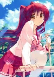 Rule 34 | 1girl, absurdres, amazuyu tatsuki, blue sky, bow, bowtie, brown eyes, cloud, collarbone, day, floating hair, hair between eyes, highres, kousaka tamaki, long hair, miniskirt, outdoors, pink bow, pink bowtie, pleated skirt, red hair, red skirt, shirt, skirt, sky, solo, sunlight, to heart, to heart (series), to heart 2, very long hair, white legwear, white shirt