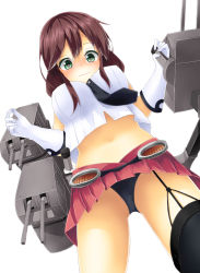 Rule 34 | 10s, 1girl, black panties, breasts, brown hair, cannon, garter belt, green eyes, highres, kantai collection, large breasts, mizushina minato, navel, necktie, noshiro (kancolle), panties, pantyshot, personification, short hair, single thighhigh, skirt, solo, thighhighs, turret, underwear, upskirt, wavy mouth, weapon, white background