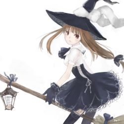 Rule 34 | 1girl, ascot, black thighhighs, blunt bangs, bow, breasts, broom, broom riding, brown eyes, brown hair, dress, fairy, female focus, gloves, hair ribbon, hat, hat bow, highres, lantern, looking back, masuchi, petticoat, ribbon, short dress, short sleeves, solo, thighhighs, white background, witch, witch hat