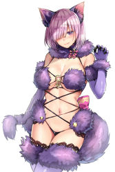 Rule 34 | 1girl, animal ears, black panties, breasts, closed mouth, elbow gloves, fate/grand order, fate (series), fur collar, fur trim, gloves, hair over one eye, highres, large breasts, looking at viewer, mash kyrielight, mash kyrielight (dangerous beast), navel, o-ring, o-ring top, official alternate costume, panties, purple eyes, purple gloves, purple hair, purple thighhighs, revealing clothes, short hair, simple background, solo, sparkle, tail, thighhighs, tsukiriran, underwear, white background, wolf ears, wolf tail