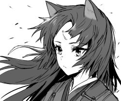 Rule 34 | 1girl, animal ears, arknights, closed mouth, commentary, dog ears, facial mark, floating hair, forehead mark, greyscale, horn/wood, japanese clothes, kimono, long hair, looking away, monochrome, parted bangs, portrait, saga (arknights), simple background, solo, symbol-only commentary, upper body, white background