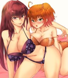 Rule 34 | 2girls, :d, :o, abi (ababsksk), ahoge, arm support, bare arms, bare legs, bare shoulders, bikini, blush, breast rest, breasts, brown eyes, cleavage, collarbone, embarrassed, fate/grand order, fate (series), female focus, fujimaru ritsuka (female), hair intakes, huge breasts, large breasts, legs, lips, long hair, looking at viewer, midriff, multiple girls, navel, neck, off shoulder, open mouth, orange bikini, orange hair, purple bikini, red hair, scathach (fate), short hair, shy, side ponytail, smile, strap slip, swimsuit, type-moon, yuri