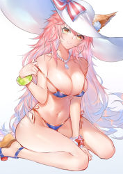 Rule 34 | 10s, 1girl, absurdres, animal ear fluff, animal ears, bare shoulders, bikini, blue bikini, blush, bracelet, breasts, cleavage, collarbone, ears through headwear, fate/extra, fate/grand order, fate (series), fox ears, fox tail, hat, highres, horz, jewelry, large breasts, long hair, looking at viewer, navel, necklace, parted lips, pink hair, sandals, side-tie bikini bottom, simple background, sitting, sketch, smile, solo, sun hat, swimsuit, tail, tamamo (fate), tamamo no mae (fate/extra), tamamo no mae (swimsuit lancer) (fate), tamamo no mae (swimsuit lancer) (third ascension) (fate), wariza, white background, yellow eyes