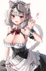 Rule 34 | 1girl, absurdres, animal ears, apron, bare shoulders, black hair, blush, bow, bowtie, breasts, cat ears, cat girl, cat tail, cleavage, fang, grey hair, hair ornament, highres, hololive, large breasts, looking at viewer, maid, maid apron, maid headdress, medium hair, multicolored hair, open mouth, red bow, red bowtie, red eyes, sakamata chloe, smile, solo, streaked hair, tail, virtual youtuber, x hair ornament, yoitsuki nema