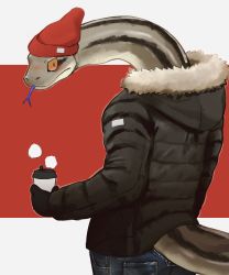 Rule 34 | 1boy, absurdres, beanie, black gloves, black jacket, blush, clothing cutout, cup, denim, disposable cup, from behind, fur-trimmed jacket, fur trim, furry, furry male, gloves, hat, highres, holding, holding cup, jacket, jeans, k0bit0wani, looking back, original, pants, snake boy, snake tail, tail, tail through clothes, winter clothes
