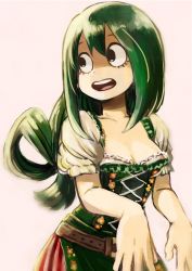 Rule 34 | 10s, 1girl, :d, asui tsuyu, boku no hero academia, breasts, cleavage, corset, dress, frog girl, green hair, hair rings, highres, long hair, open mouth, puffy short sleeves, puffy sleeves, reita420, short sleeves, simple background, smile, solo, teeth, white background