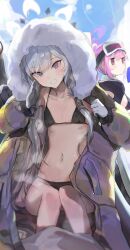 Rule 34 | 3girls, bikini, black bikini, black hair, blanc (whit blanc), blue archive, blush, breasts, closed mouth, coat, commentary, day, eimi (blue archive), eimi (swimsuit) (blue archive), flat chest, gloves, grey hair, grin, hair between eyes, halo, highres, himari (blue archive), large breasts, long hair, long sleeves, looking at viewer, multiple girls, navel, open clothes, open coat, outdoors, pink hair, pink halo, puffy long sleeves, puffy sleeves, purple eyes, red eyes, rio (blue archive), smile, swimsuit, white coat, white gloves