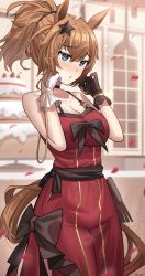 Rule 34 | 1girl, absurdres, animal ears, asymmetrical gloves, black gloves, blue eyes, blurry, blurry background, blush, breasts, brown hair, cake, cleavage, collarbone, commission, dress, food, gloves, hair ornament, highres, horse ears, horse girl, horse tail, jeze, large breasts, mismatched gloves, pixiv commission, ponytail, red dress, short hair, sleeveless, sleeveless dress, solo, star (symbol), star hair ornament, taiki shuttle (umamusume), tail, umamusume, white gloves