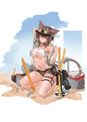 Rule 34 | 1girl, absurdres, aipc, alternate costume, animal ears, arknights, arm behind head, arm up, bare shoulders, black hair, black hat, black shorts, box, breasts, brown eyes, camera, cat ears, cat girl, cat tail, closed mouth, day, hat, highres, kneeling, large breasts, long hair, looking at viewer, open mouth, schwarz (arknights), see-through, short shorts, shorts, skindentation, solo, tail, tail ornament, tail ring, thigh strap, underboob