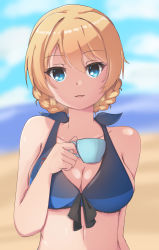 Rule 34 | 1girl, absurdres, beach, bikini, blonde hair, blue bikini, blue eyes, blue sky, bow, bow bikini, braid, braided bun, breasts, cleavage, cloud, cloudy sky, commentary, cup, darjeeling (girls und panzer), day, english commentary, girls und panzer, hair bun, halterneck, highres, holding, holding cup, horizon, looking at viewer, medium breasts, naisu (nai su01), ocean, official alternate costume, open mouth, outdoors, short hair, sky, smile, solo, swimsuit, teacup, twin braids, upper body