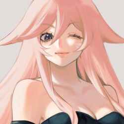 Rule 34 | 1girl, bare shoulders, blue eyes, borrowed character, breasts, cleavage, commentary, english commentary, hair between eyes, knaiifu, large breasts, long hair, one eye closed, original, pink hair, portrait, sidelocks, smile, solo