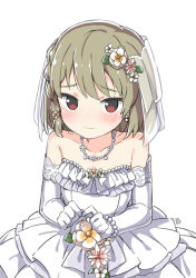 Rule 34 | 1girl, bare shoulders, blush, bracelet, breasts, bridal veil, character name, closed mouth, collarbone, dot nose, dress, earrings, elbow gloves, fidgeting, flower, flower earrings, frilled dress, frills, gloves, green hair, hair flower, hair ornament, hands up, idolmaster, idolmaster million live!, idolmaster million live! theater days, jewelry, kuresuku (lessons), lace, lace-trimmed gloves, lace trim, layered dress, looking at viewer, nagayoshi subaru, necklace, pearl bracelet, pearl necklace, red eyes, short hair, shy, simple background, small breasts, solo, strapless, strapless dress, veil, wedding dress, white background, white dress, white flower, white gloves