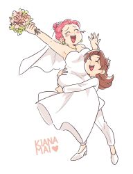 Rule 34 | 2girls, absurdres, ahoge, alternate hairstyle, armpits, artist name, blush, bouquet, bridal veil, brown hair, closed eyes, commentary, creatures (company), dahlia (pokemon), dress, earrings, english commentary, female focus, flower, full body, game freak, high heels, highres, holding, holding bouquet, jessie (pokemon), jewelry, kiana mai, lipstick, long hair, makeup, multiple girls, necklace, nintendo, open mouth, pokemon, pokemon (anime), red hair, ring, shoes, simple background, smile, tears, teeth, upper teeth only, veil, wedding dress, wedding ring, white background, white dress, white footwear, wife and wife, yuri