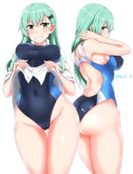 Rule 34 | 1girl, absurdres, aqua eyes, aqua hair, ass, blue one-piece swimsuit, breasts, cameltoe, cleft of venus, commentary request, competition swimsuit, dress shirt, from behind, grin, hair ornament, hairclip, highres, ibuki grunt, kantai collection, large breasts, long hair, looking at viewer, multiple views, one-piece swimsuit, shirt, short sleeves, simple background, smile, standing, suzuya (kancolle), swimsuit, swimsuit under clothes, white background, white shirt
