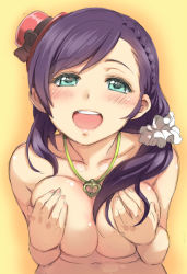 Rule 34 | 10s, 1girl, bad id, bad pixiv id, braid, breasts, completely nude, covering breasts, covering privates, crown braid, duke (inu daimyou), green eyes, hair over shoulder, half-closed eyes, hat, jewelry, large breasts, long hair, looking at viewer, love live!, love live! school idol project, necklace, nude, open mouth, pov, purple hair, red hat, scrunchie, sketch, solo, swept bangs, tojo nozomi, yellow background