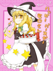 Rule 34 | 1girl, apron, blonde hair, blush, cake, eating, food, fork, fruit, happy birthday, hat, heart, highres, kirisame marisa, looking at viewer, puffy short sleeves, puffy sleeves, riwon (junpei0122), short sleeves, smile, solo, star (symbol), strawberry, touhou, wavy hair, witch hat, yellow eyes