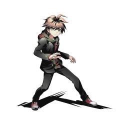 Rule 34 | 10s, 1boy, ahoge, alpha transparency, blazer, brown hair, danganronpa (series), danganronpa: trigger happy havoc, divine gate, full body, green eyes, hood, hoodie, jacket, layered clothes, legs apart, looking at viewer, male focus, naegi makoto, official art, outstretched arm, shadow, shoes, short hair, sneakers, solo, standing, transparent background, ucmm, wide stance